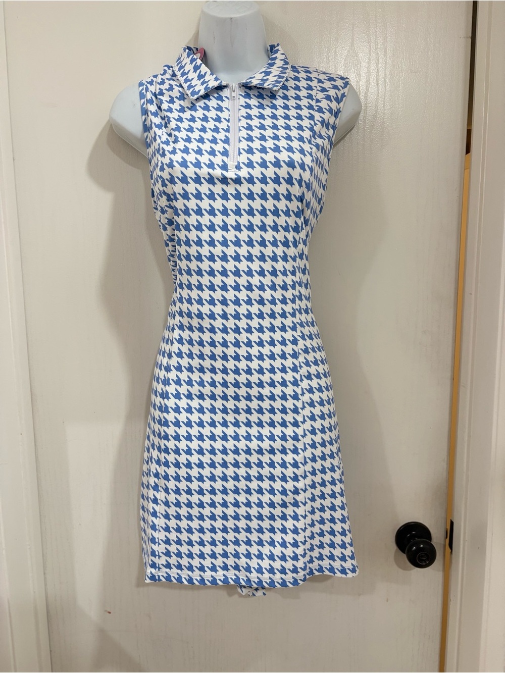 Sleeveless Blue & White Houndstooth Polo Dress golf attire